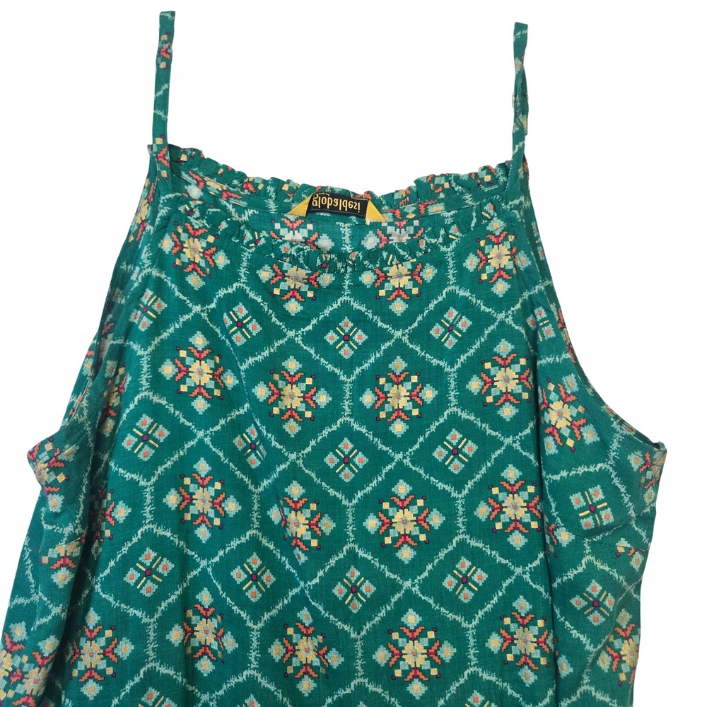 Global Desi Teal Geometric Medallion Ruffle Neck Midi Dress with Pockets Size S